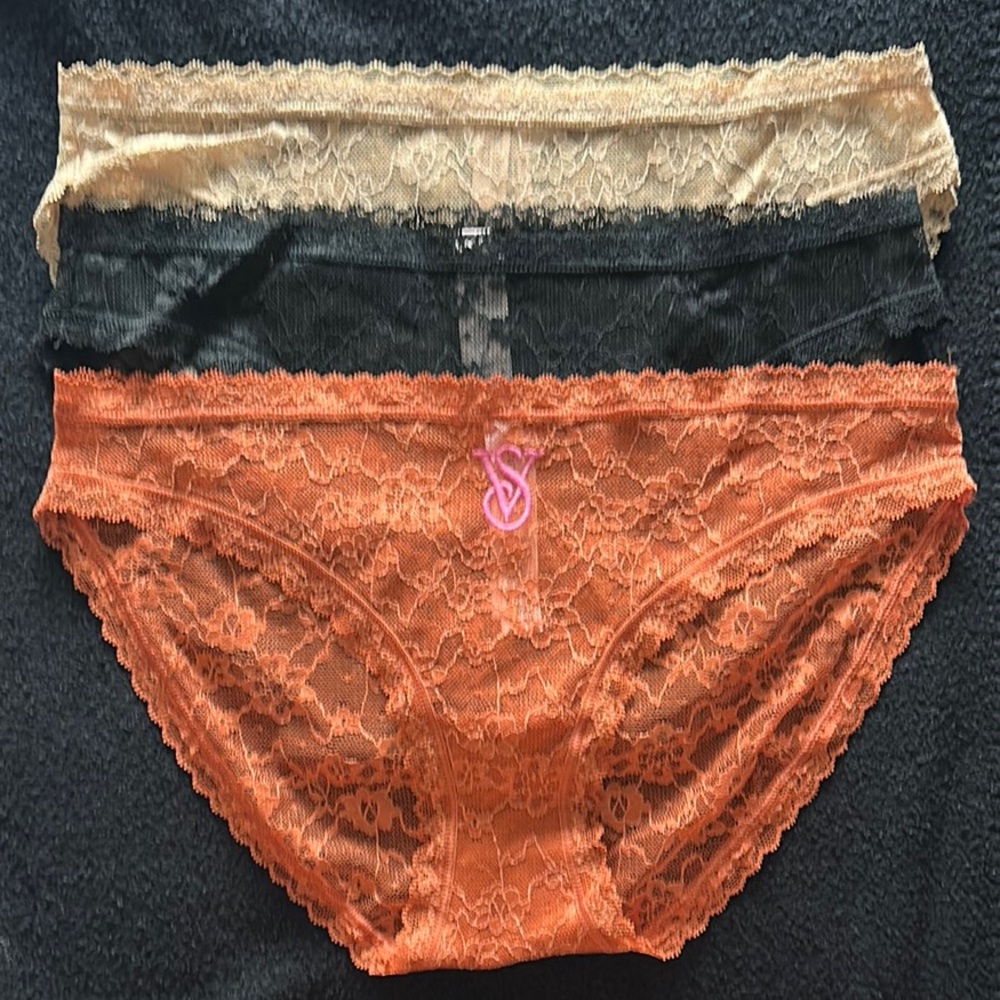 Victoria's Secret Lace Trio in Orange, Black, and Cream